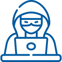 Blue icon of hacker wearing hoodie sitting behind laptop